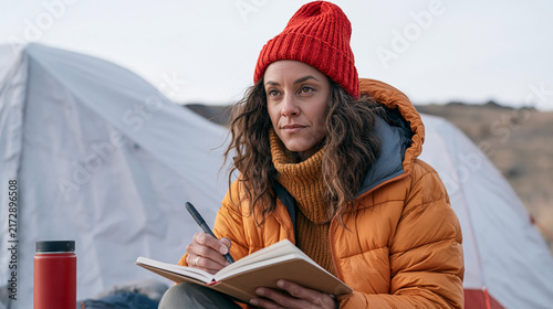 Camping Reflection A young woman in a warm orange puffer jacket and red beanie sits outdoors, engrossed in writing in a journal next to a tent.