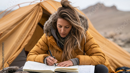 Desert Dweller's Diary A woman with wind-swept hair, bundled in a fur-lined hooded jacket, diligently writes in a journal set outside a cozy tent, amidst a stark desert landscape.
