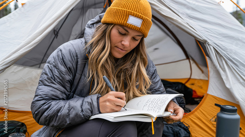 Young Woman Camping and Journaling A young woman wearing a warm beanie and puffer jacket sits outside a tent, intently writing in her journal.