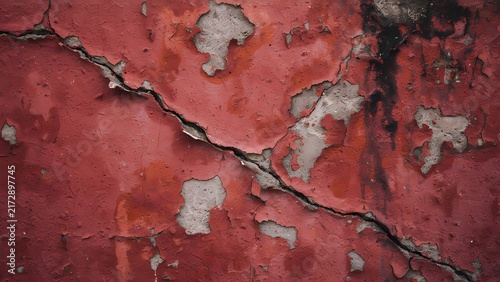 Cracked red concrete wall texture with peeling paint and weathered surface background