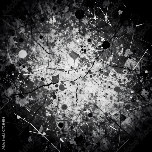 Abstract black and white grunge texture with ink splatters and distressed geometric lines.