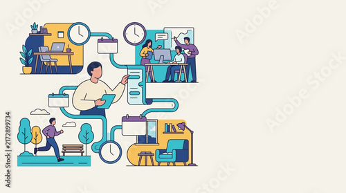 Illustrated concept of modern teamwork and remote collaboration with technology.