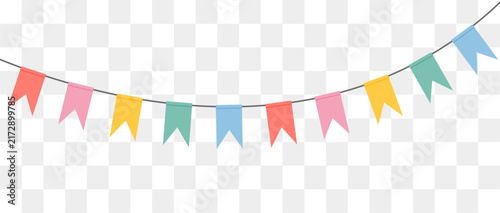 Festive Carnival garlands and bunting. Triangle flags on rope for decoration of party, holiday, event, festive, celebration. Colorful vintage, retro pennants for banner, flyer Vector design element