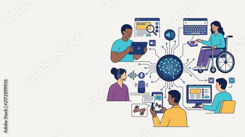 Diverse team collaborating using modern digital and communication tools.