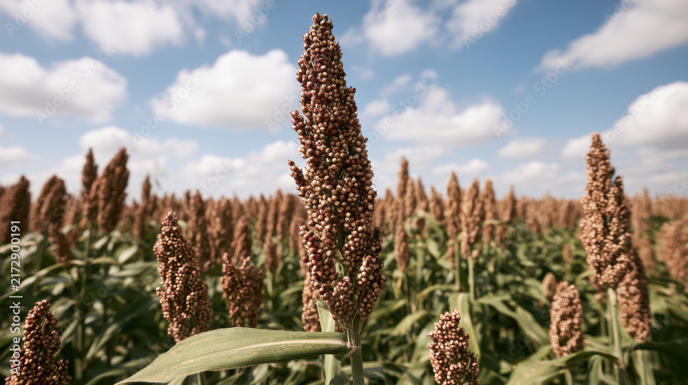 Obraz premium Mature sorghum seed head standing above a vast agricultural field ready for harvest under a blue cloudy sky