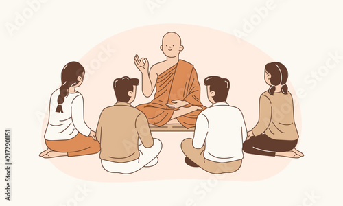 Картината върху платно Buddhist Monk Giving Sermon to Devotees Illustration