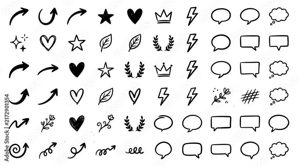 Fototapeta premium hand drawn doodle icons and symbols set, sketchy stars hearts crowns, black and white vectors, arrows music notes sparkle, hipster illustration collection