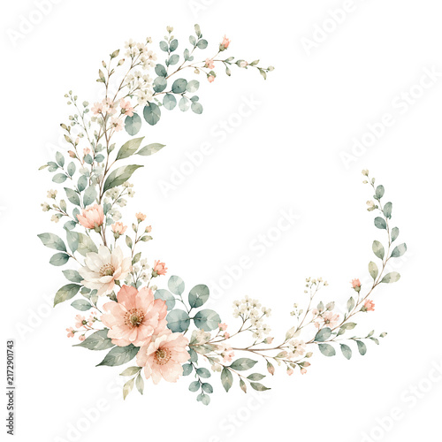 Delicate Pastel Floral Wreath Embellishment with Romantic Blossoms and Verdant Foliage Perfect for Wedding Invitations Greeting Cards and Botanical Artistry.