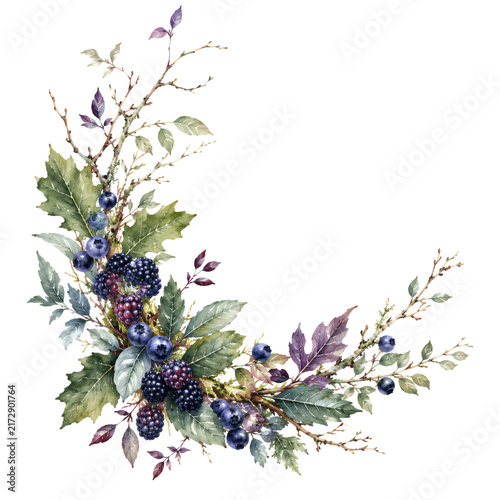 Exquisite Autumnal Berry Garland Arrangement Depicting Rustic Woodland Flora and Forest Fruits Perfect for Seasonal Decorations and Organic Themed Designs.