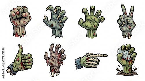 Spooky Cartoon Zombie Hand Gestures Set Halloween Monster Vector Illustration