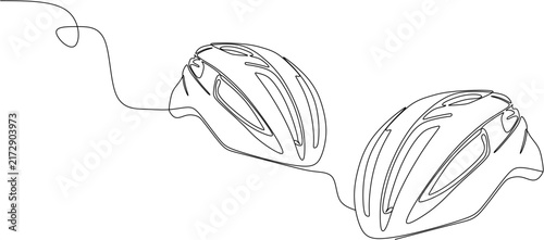 Continuous one line drawing of bicycle helmets, sports safety headwear equipment concept vector illustration