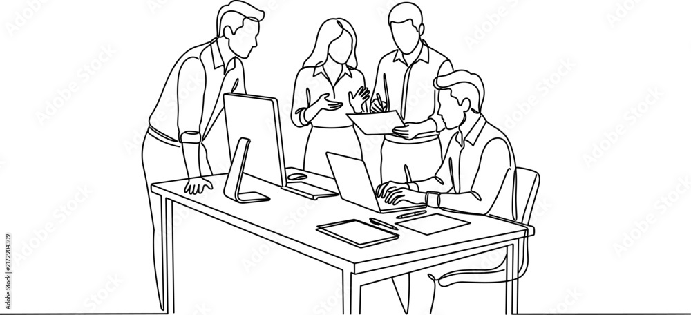Fototapeta premium Diverse team collaborating on project brainstorming ideas at office desk with laptops