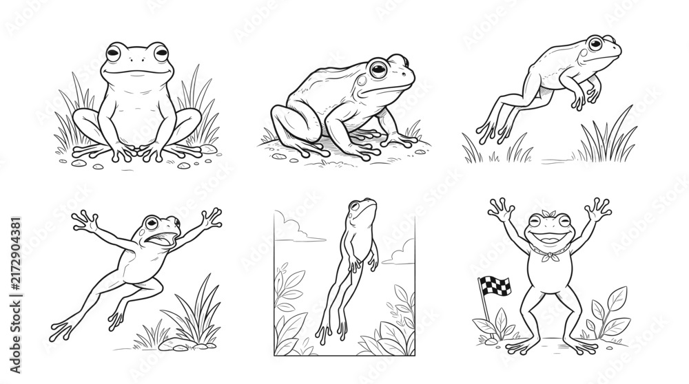 Fototapeta premium Collection of line art illustrations featuring frogs in various poses, including sitting, resting, jumping, and celebrating.