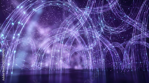 An abstract network of glowing light trails forms an arched canopy in a dreamlike space.