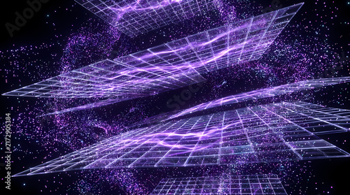 Geometric planes with glowing grid lines overlap and intersect in a cosmic void.