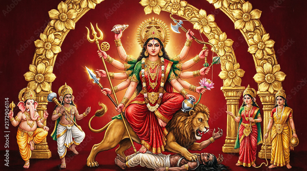 Obraz premium Goddess Durga on lion trampling demon with attendants in ornate shrine celebration.