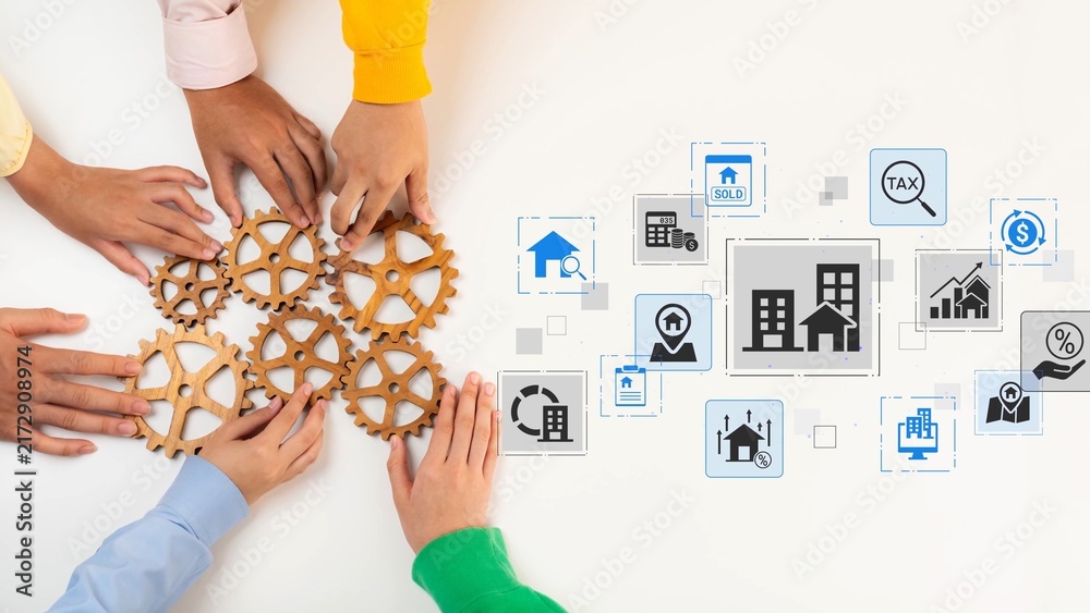 Obraz premium Collaborative Teamwork with Gear Mechanisms and Business Icons Representing Real Estate Concepts and Financial Transactions. Entropy.