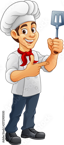 Konstfotografi A chef, baker or cook cartoon mascot man holding spatula or barbecue flipper poi