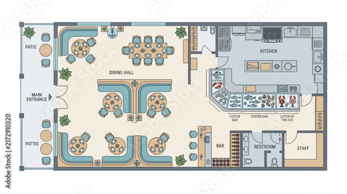 Bild auf Leinwand Restaurant Floor Plan Layout with Dining and Kitchen Area