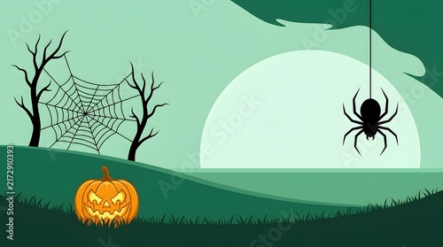 Spooky halloween night scene with a glowing jack o lantern and a hanging spider under full moon