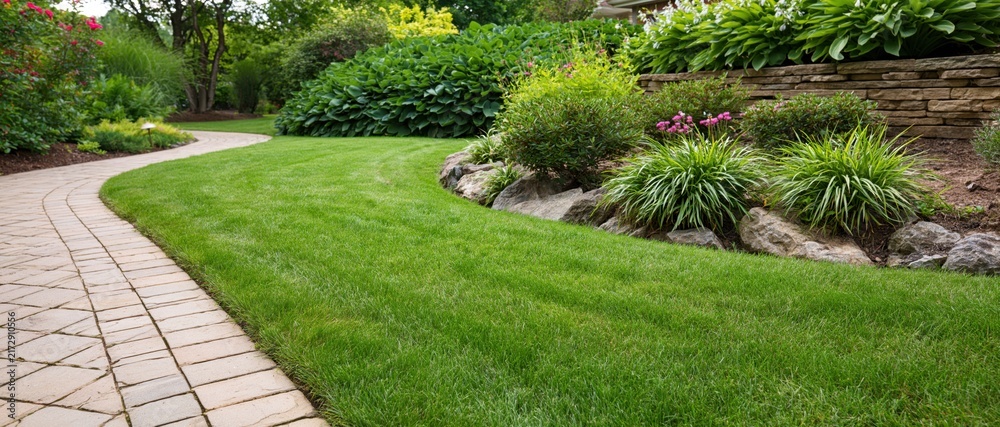 Naklejka premium The Serene Curved Garden Pathway and Lush Lawn Landscape With Stone Terraces