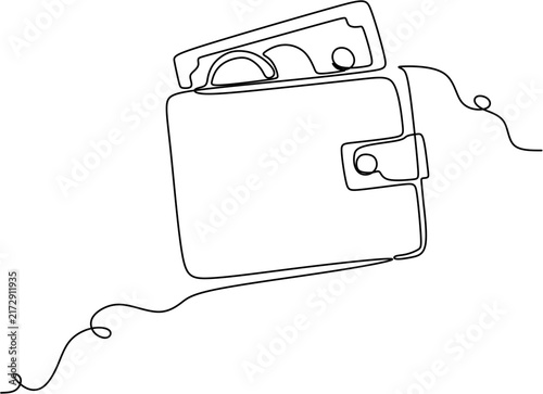 Continuous one line drawing of leather wallet with paper money and coin, personal finance and payment concept vector illustration