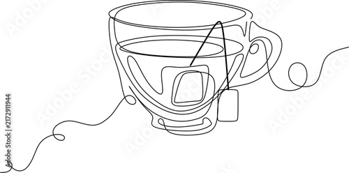 Continuous one line drawing of tea cup with teabag, hot beverage concept vector illustration