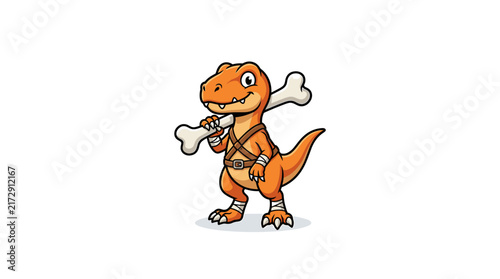 Cartoon orange dinosaur character carrying a large white bone on shoulder