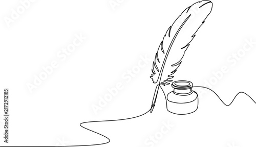Continuous one line drawing of quill feather pen and inkwell bottle, vintage literature and calligraphy concept vector illustration