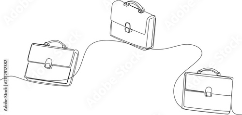 Continuous one line drawing of three business briefcases, official work portfolio bag concept vector illustration