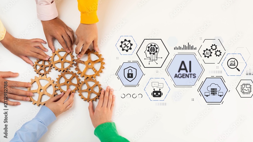 Obraz premium Hands gather around wooden gears, symbolizing collaboration and innovation, with AI technology icons reflecting the synergy of teamwork and advanced digital solutions. Entropy.