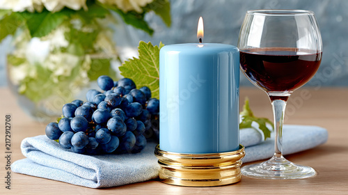 Glass of red wine beside lit blue pillar candle and bunch of grapes on folded napkin on wooden table in indoor still life tabletop arrangement with floral background