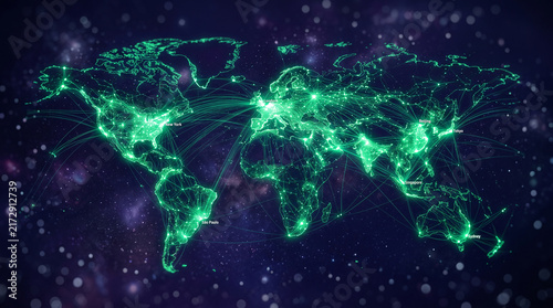 Glowing green network of global connections across a star-filled Earth, symbolizing worldwide communication, travel, and data flow