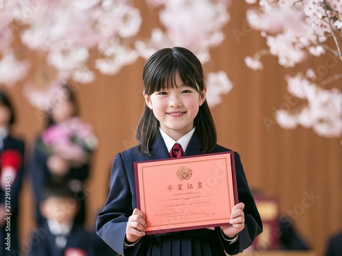 Plakat 卒業式を終え桜並木の下で卒業証書を誇らしげに掲げる女子小学生