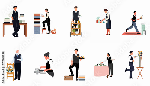 Set of flat vector illustrations featuring diverse restaurant staff, including waiters and waitresses, performing various service-related tasks in a professional hospitality setting.