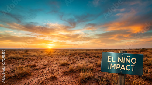 El Niño Impact Warning Sign in Arid Desert Landscape at Sunset. Global Climate Change Concept with Dry Cracked Earth and Golden Sky.