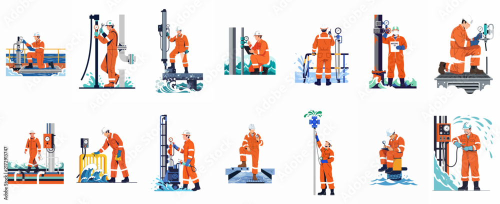 Fototapeta premium Vector Illustrations of Offshore Oil Rig Workers in Orange Jumpsuits Performing Various Tasks on an Industrial Platform