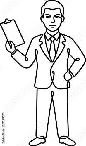 Businessman Holding Clipboard One Line Drawing Professional Confident