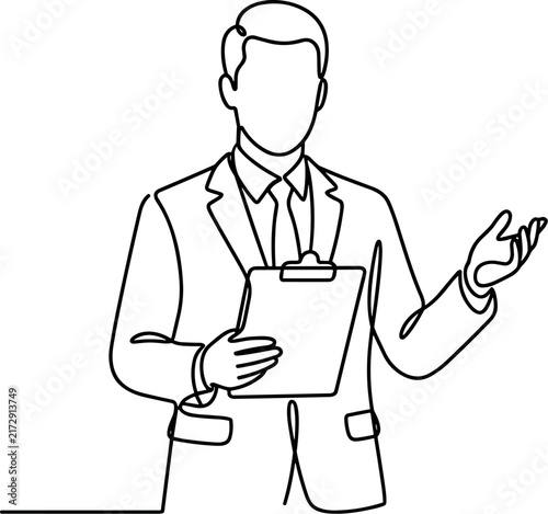 Businessman Holding Clipboard Presenting Ideas Line Art Style