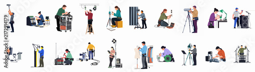 Set of diverse professional film and stage crew members operating cameras, lighting, and sound equipment, illustrated in a flat style.