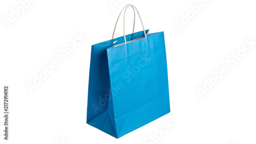 Blue paper shopping bag with handles for retail isolated on transparent background