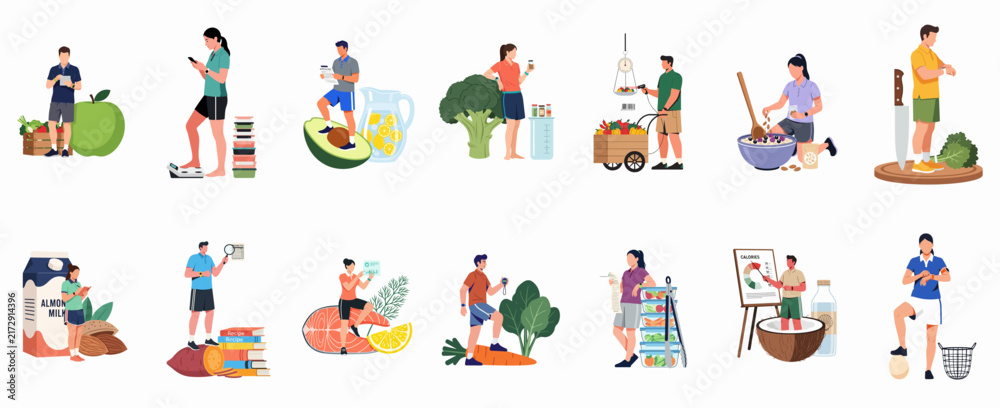 Fototapeta premium Set of flat vector illustrations representing healthy lifestyle, nutrition, weight management, and diet concepts with people and giant healthy food items.