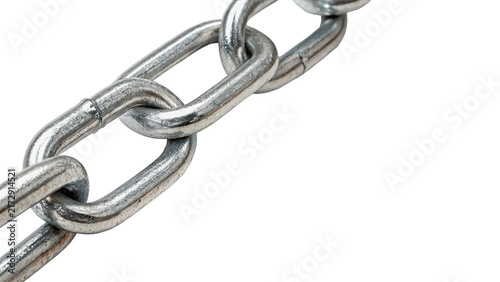 Strong metallic steel chain link segment close up isolated on transparent background