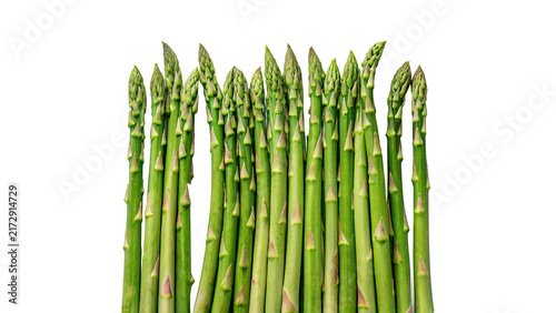 Bunch of fresh green asparagus stalks aligned horizontally isolated on transparent background