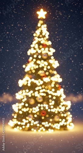 Beautiful Christmas Tree with Twinkling Lights and Falling Snow at Night.
