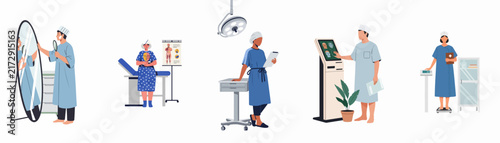 Set of flat illustrations depicting medical professionals and patients in various hospital settings and healthcare scenarios.