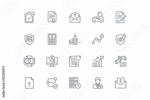 Insurance, legal, and financial thin line set featuring shields, contracts, calculators, and risk assessment symbols on a white background