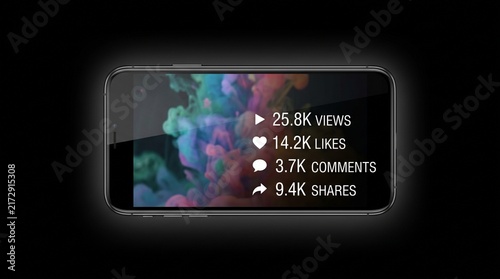 Smartphone Screen Showing Social Media Video Stats Views, Likes, Comments, Shares
