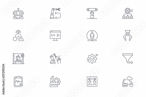 Set of thin line industrial automation featuring robotic arms, factory machinery, control panels, and manufacturing processes