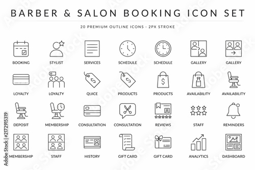Barber and salon booking set featuring twenty outline symbols for scheduling appointments, stylist services, and customer loyalty